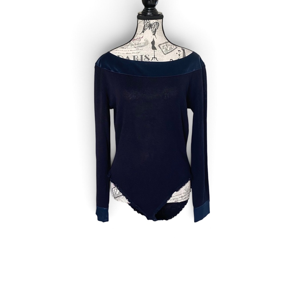 VTG Donna Karan Bodysuit Womens L Navy Blue Satin Trim Boat Neck Wool Blend Knit